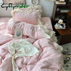 Cyflymder Pink Korean Princess Style Lace Ruffles Bedding Set Skin-friendly Seersucker Duvet Cover Set Fitted Sheet/Bed