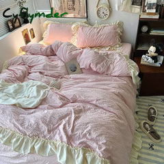 Cyflymder Pink Korean Princess Style Lace Ruffles Bedding Set Skin-friendly Seersucker Duvet Cover Set Fitted Sheet/Bed