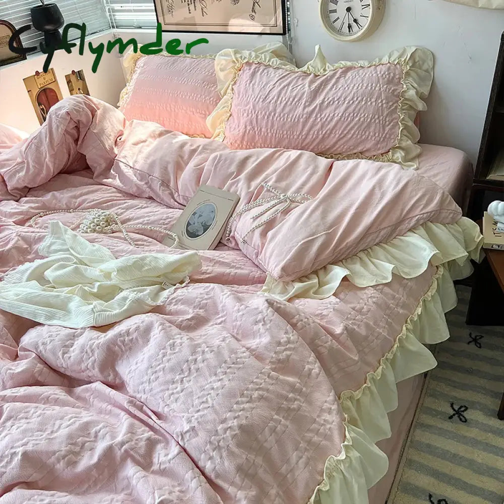 Cyflymder Pink Korean Princess Style Lace Ruffles Bedding Set Skin-friendly Seersucker Duvet Cover Set Fitted Sheet/Bed