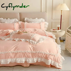 Cyflymder Pink Lace Bedspread Bedding Set King Size Luxury Princess Duvet Cover Bed Sheet Girls Gift Bedclothes Cotton