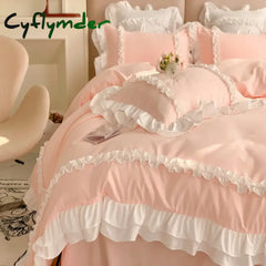 Cyflymder Pink Lace Bedspread Bedding Set King Size Luxury Princess Duvet Cover Bed Sheet Girls Gift Bedclothes Cotton