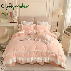 Cyflymder Pink Lace Bedspread Bedding Set King Size Luxury Princess Duvet Cover Bed Sheet Girls Gift Bedclothes Cotton