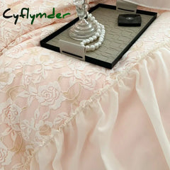Cyflymder Pink Romantic French Princess Bedding Set Soft Cozy Queen Size Pleat Lace Ruffles Duvet Cover Set Bed Sheet