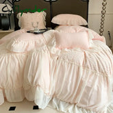 Pink Romantic French Princess Bedding Set, Soft Cozy Queen Size, Pleat Lace Ruffles, Duvet Cover Set, Bed Sheet, Pillowcase,