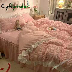 Cyflymder Pink Ruffled Seersucker Duvet Cover Set 3/4pcs Soft Lightweight Down Alternative Grey Bedding Set with Bed