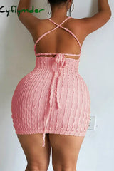 Cyflymder - Pink Sexy Solid Bandage Backless Spaghetti Strap Sleeveless Dress Dresses