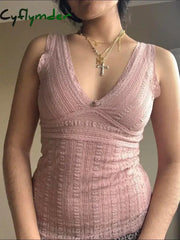 Cyflymder Pink Sweet Slim Sleeveless V Neck Cute Y2K Lace Vest Top Women 2000s Kawaii Clothes
