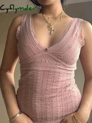 Cyflymder Pink Sweet Slim Sleeveless V Neck Cute Y2K Lace Vest Top Women 2000s Kawaii Clothes