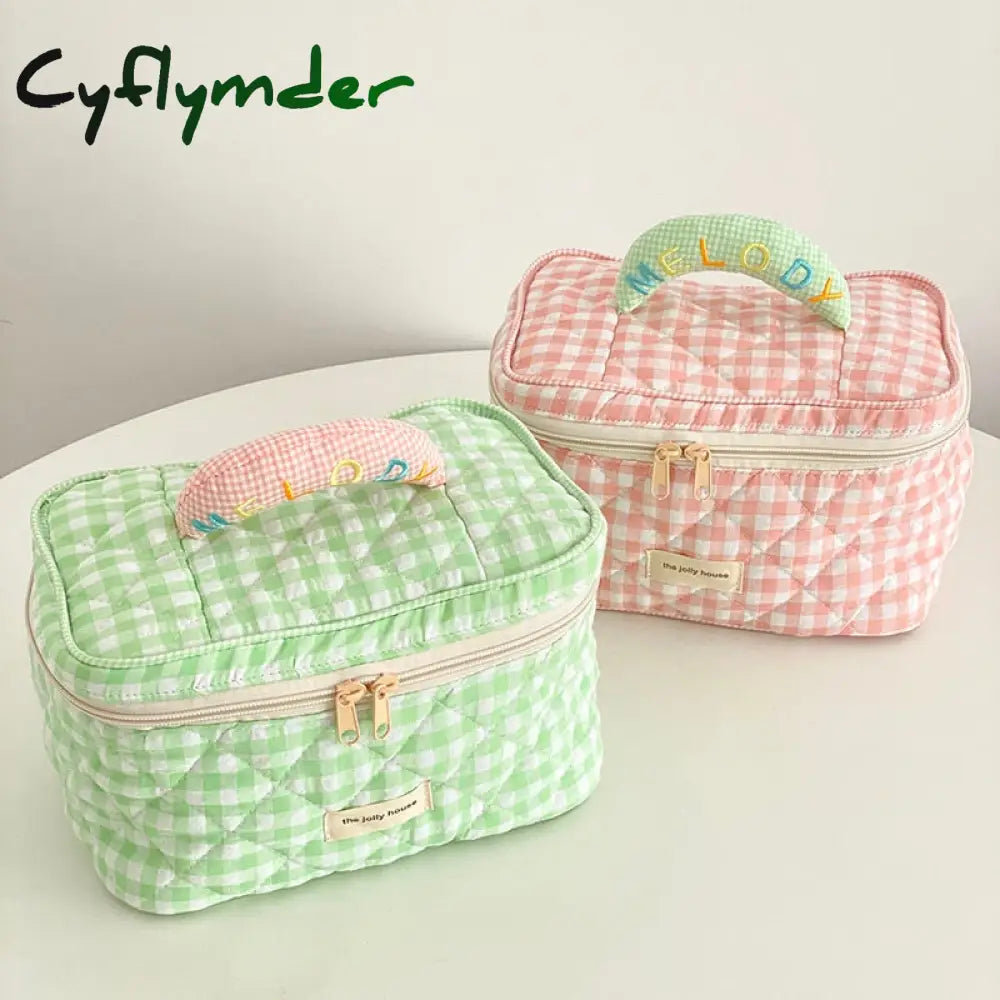 Cyflymder Plaid Pattern Toiletries Case Flip Makeup Bag With Zipper Quilted Cotton Cosmetics