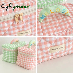 Cyflymder Plaid Pattern Toiletries Case Flip Makeup Bag With Zipper Quilted Cotton Cosmetics