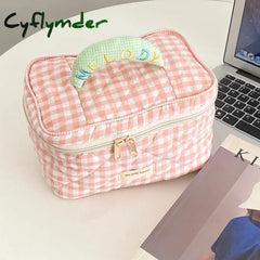 Cyflymder Plaid Pattern Toiletries Case Flip Makeup Bag With Zipper Quilted Cotton Cosmetics