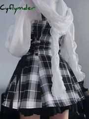 Cyflymder Plaid Print Kawaii Lolita Mini Dress Fairy Grunge Set Cosplay Gothic Y2K Sweet Aesthetic