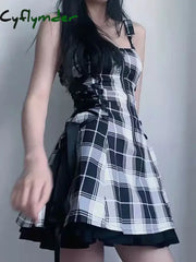 Cyflymder Plaid Print Kawaii Lolita Mini Dress Fairy Grunge Set Cosplay Gothic Y2K Sweet Aesthetic