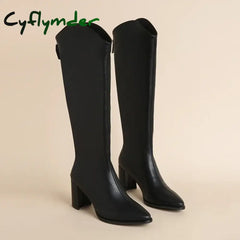 Cyflymder Plus Size 34-43 New Women Boots Zipper Thick High Heels Simple Thick High Heels Autumn Winter Boots Knee High