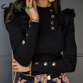 Cyflymder Plus Size Autumn Winter Women Blouse Long Sleeve Knitwear Rib Ruffle Buttons Basic Shirt