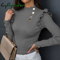 Cyflymder Plus Size Autumn Winter Women Blouse Long Sleeve Knitwear Rib Ruffle Buttons Basic Shirt
