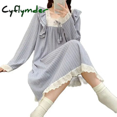 Cyflymder Plus Size Maternity Nightgown Sweet Lace Patchwork Ruffles Long Sleeve Square Collar