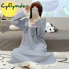 Cyflymder Plus Size Maternity Nightgown Sweet Lace Patchwork Ruffles Long Sleeve Square Collar