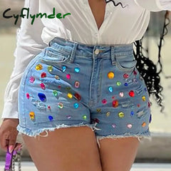 Cyflymder Plus Size Summer Denim Shorts Women Mid Waist Ripped Frayed Hem Tessles Stretchy Jean