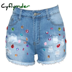 Cyflymder Plus Size Summer Denim Shorts Women Mid Waist Ripped Frayed Hem Tessles Stretchy Jean