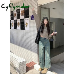 Cyflymder Plus Size Washing Fringe Jeans Women’s Slimming Petite Wide Leg Cargo Pants Ninemeter Length Casual Streetwear
