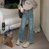 Cyflymder Plus Size Washing Fringe Jeans Women’s Slimming Petite Wide Leg Cargo Pants Ninemeter Length Casual Streetwear