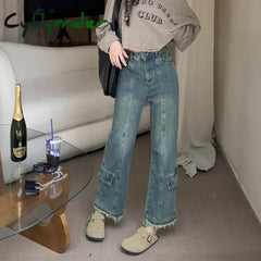 Cyflymder Plus Size Washing Fringe Jeans Women’s Slimming Petite Wide Leg Cargo Pants Ninemeter Length Casual Streetwear