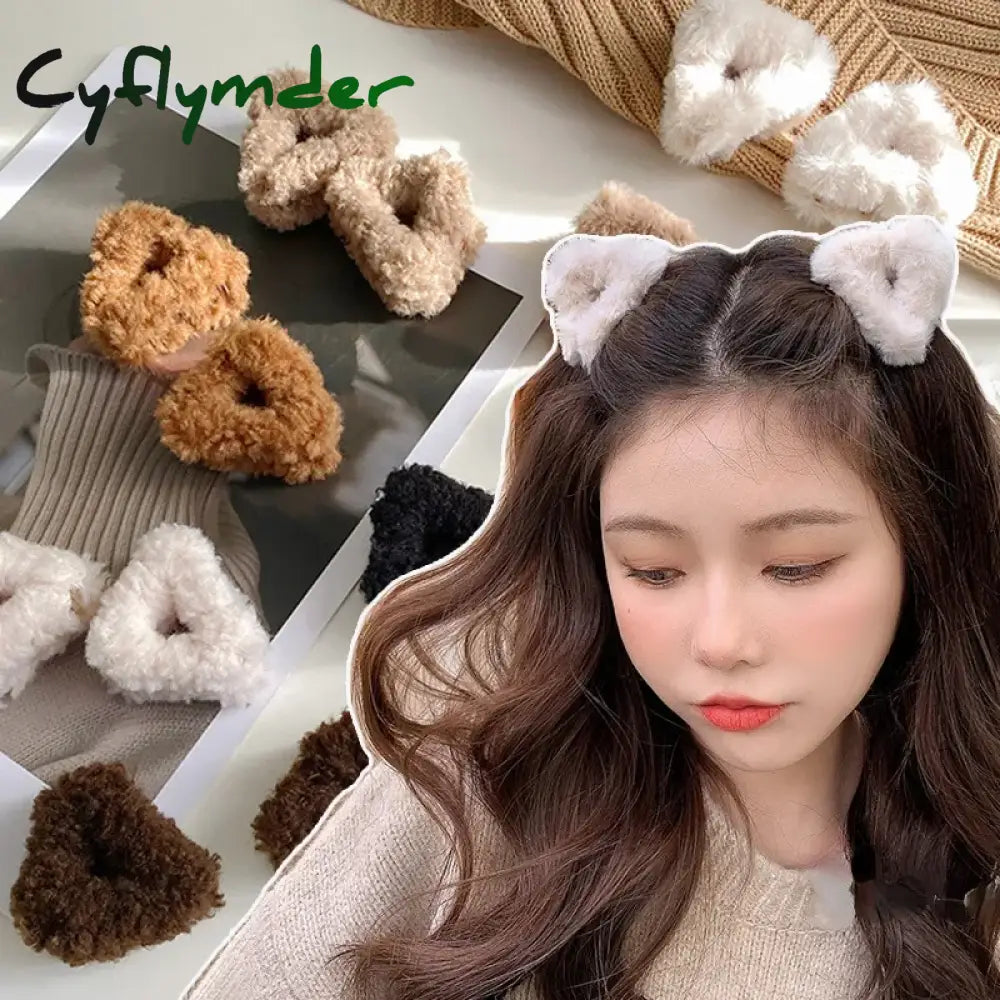 Cyflymder Plush Cat Ears Hair Clips For Women Girls Lamb Cashmere Hairpin Forehead Bangs Clip Fluffy Children New