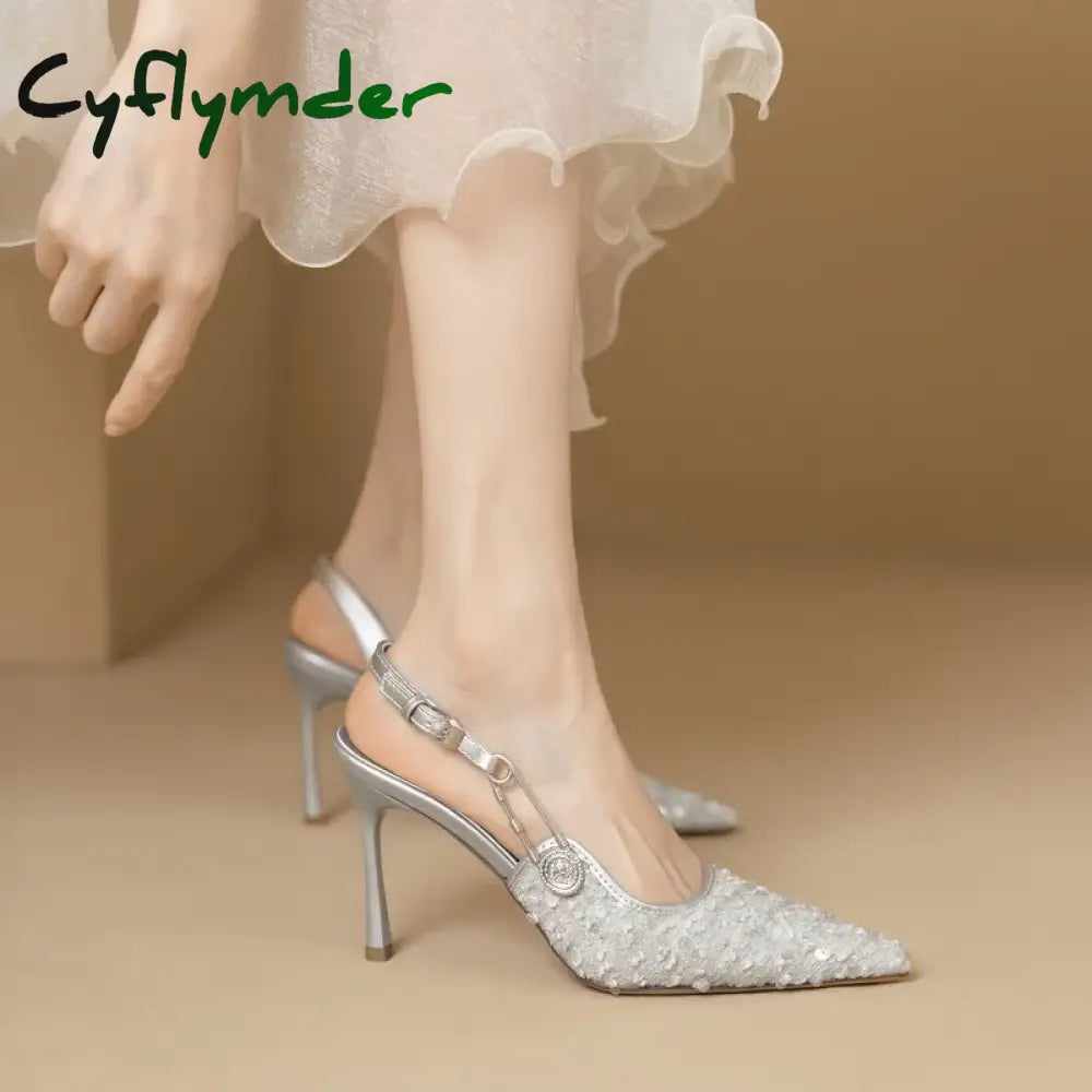 Cyflymder Pointed-toe Stiletto Heels Women’s Sequins Cloth Spring and Summer New Straight Buckle Banquet Shoes Single