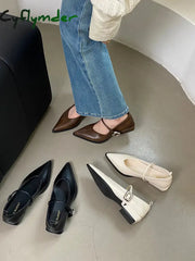 Cyflymder Pointed Toe Women Loafers Black Brown White Casual Mules Shoes Belt Buckle Shallow Slip On Low Flat Heeled