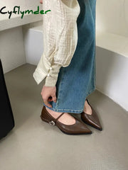 Cyflymder Pointed Toe Women Loafers Black Brown White Casual Mules Shoes Belt Buckle Shallow Slip On Low Flat Heeled