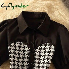Cyflymder Polo Collar Stitching Houndstooth Shirt Women’s Summer Design Sense Niche Pure Desire Sweet Hot Girl Short
