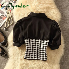 Cyflymder Polo Collar Stitching Houndstooth Shirt Women’s Summer Design Sense Niche Pure Desire Sweet Hot Girl Short