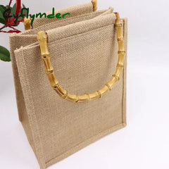 Cyflymder Portable Burlap Jute Shopping Bag Handbag Bamboo Loop Handles Tote Retro Diy Women Big