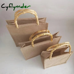 Cyflymder Portable Burlap Jute Shopping Bag Handbag Bamboo Loop Handles Tote Retro Diy Women Big
