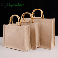 Cyflymder Portable Burlap Jute Shopping Bag Handbag Bamboo Loop Handles Tote Retro Diy Women Big