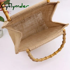 Cyflymder Portable Burlap Jute Shopping Bag Handbag Bamboo Loop Handles Tote Retro Diy Women Big