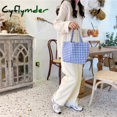 Cyflymder Portable Cotton Women Lunch Bento Bag Vintage Plaid Canvas Ladies Small Handbags Simple