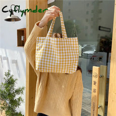 Cyflymder Portable Cotton Women Lunch Bento Bag Vintage Plaid Canvas Ladies Small Handbags Simple