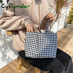 Cyflymder Portable Cotton Women Lunch Bento Bag Vintage Plaid Canvas Ladies Small Handbags Simple