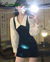 Cyflymder Preppy Long Sleeve Mini Dresses for Women Korean Fashion Style Cute Sexy Peter Pan Collar A-line Fake 2 Pcs