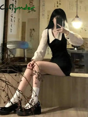 Cyflymder Preppy Long Sleeve Mini Dresses for Women Korean Fashion Style Cute Sexy Peter Pan Collar A-line Fake 2 Pcs