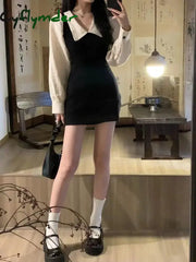 Cyflymder Preppy Long Sleeve Mini Dresses for Women Korean Fashion Style Cute Sexy Peter Pan Collar A-line Fake 2 Pcs