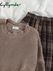 Cyflymder Preppy Vintage Sweater Two-piece Set Women’s Loose Knit Pullover Autumn High Waist Coffee Plaid Skirt Gentle