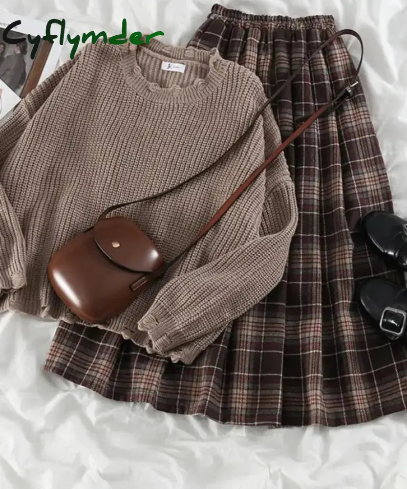 Cyflymder Preppy Vintage Sweater Two-piece Set Women’s Loose Knit Pullover Autumn High Waist Coffee Plaid Skirt Gentle