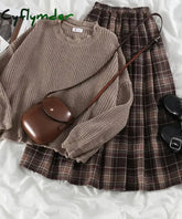 Cyflymder Preppy Vintage Sweater Two-piece Set Women’s Loose Knit Pullover Autumn High Waist Coffee Plaid Skirt Gentle