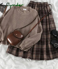 Cyflymder Preppy Vintage Sweater Two-piece Set Women’s Loose Knit Pullover Autumn High Waist Coffee Plaid Skirt Gentle