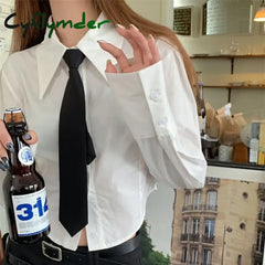 Preppy White Crop Shirts Women Korean Fashion Jk Tie Long Sleeve Blouse Student College Retro Solid Slim All Match Tops