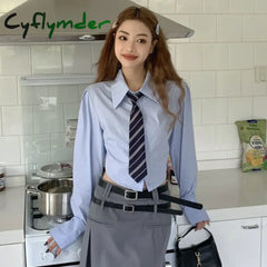 Cyflymder Preppy White Crop Shirts Women Korean Fashion Jk Tie Long Sleeve Blouse Student College