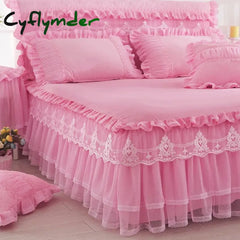 Cyflymder Princess 1 Piece Lace Bed Skirt + 2 Piece Pillowcases Bedding Bedspreads Sheet Pink Lace Bedding Set Bed For